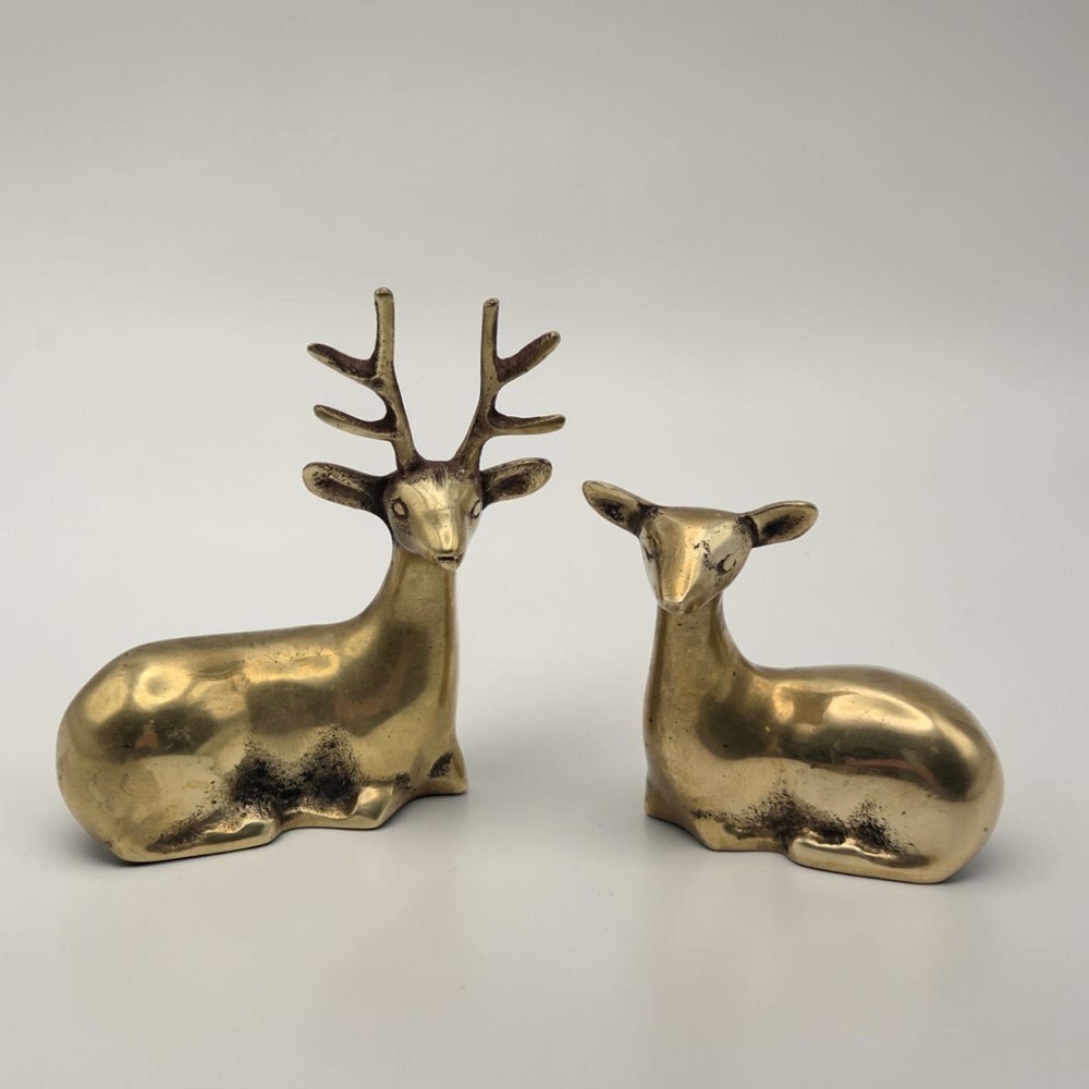 Pair Of Small Vintage Brass Deer Sculptures Figurines Sitting Doe & Buck